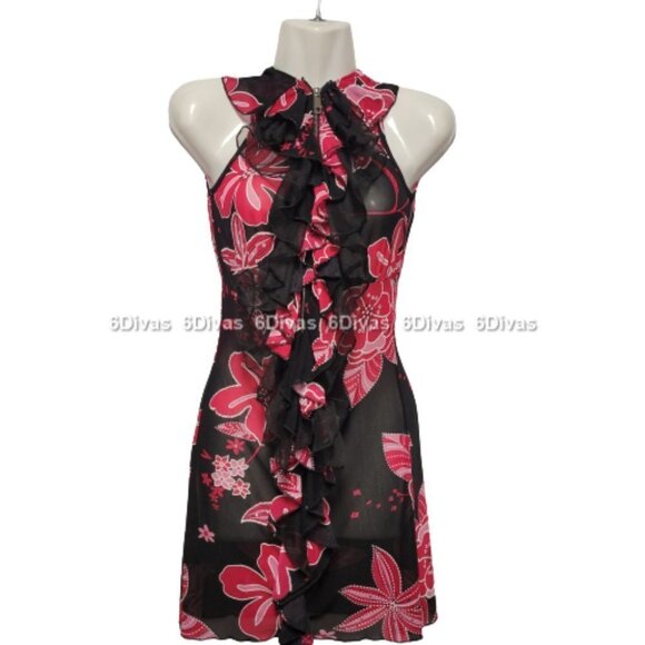 Sheer See Through Red and Black Ruffle Frilly Sleeveless Mini Dress - Picture 2 of 14